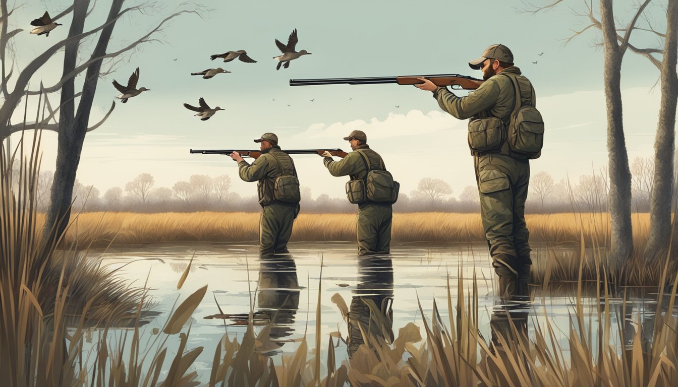 A group of hunters in camouflage gear aim their shotguns at a flock of ducks flying over a marshy wetland in Georgia