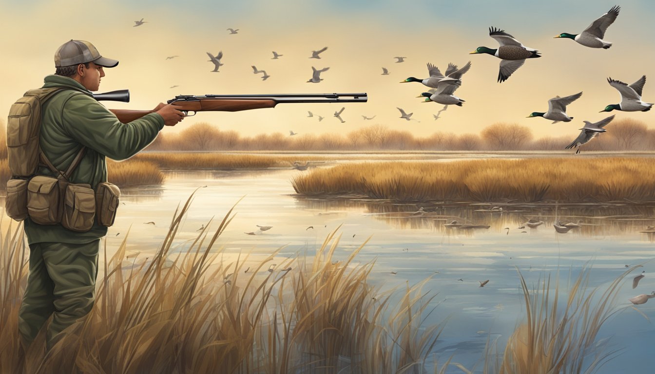 A hunter in camouflage gear aiming a shotgun at a flock of ducks flying over a marsh in the Colorado wetlands