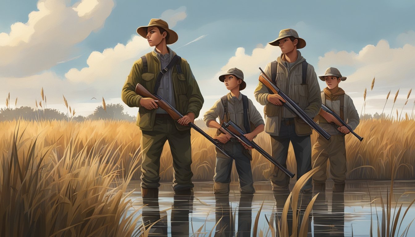 A group of young hunters stand in a marshy area, surrounded by tall grass and reeds. They hold their shotguns at the ready, scanning the sky for ducks