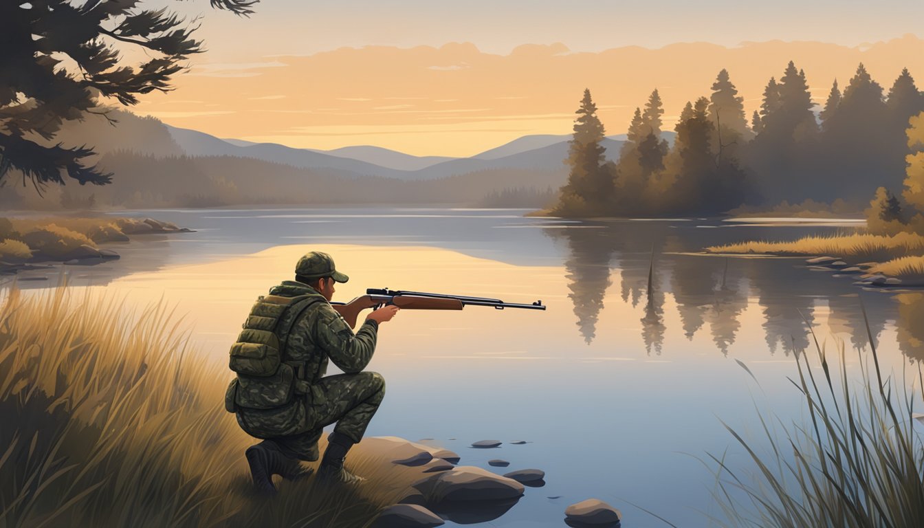 A hunter in camouflage gear loads a shotgun by a tranquil lake at dawn