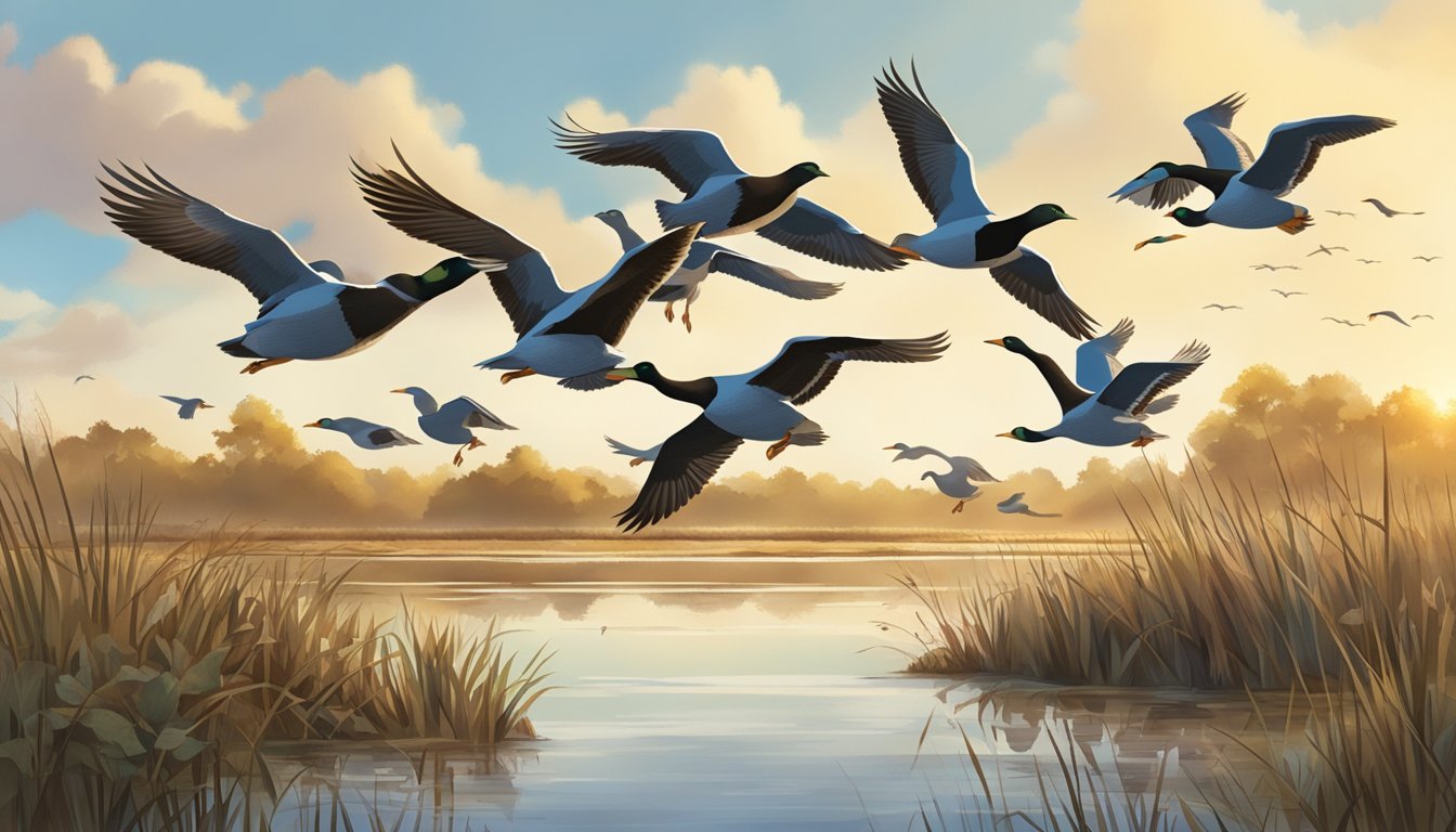 A flock of waterfowl takes flight over a marshy wetland in Georgia, their wings beating against the sky as they exhibit their natural behavior