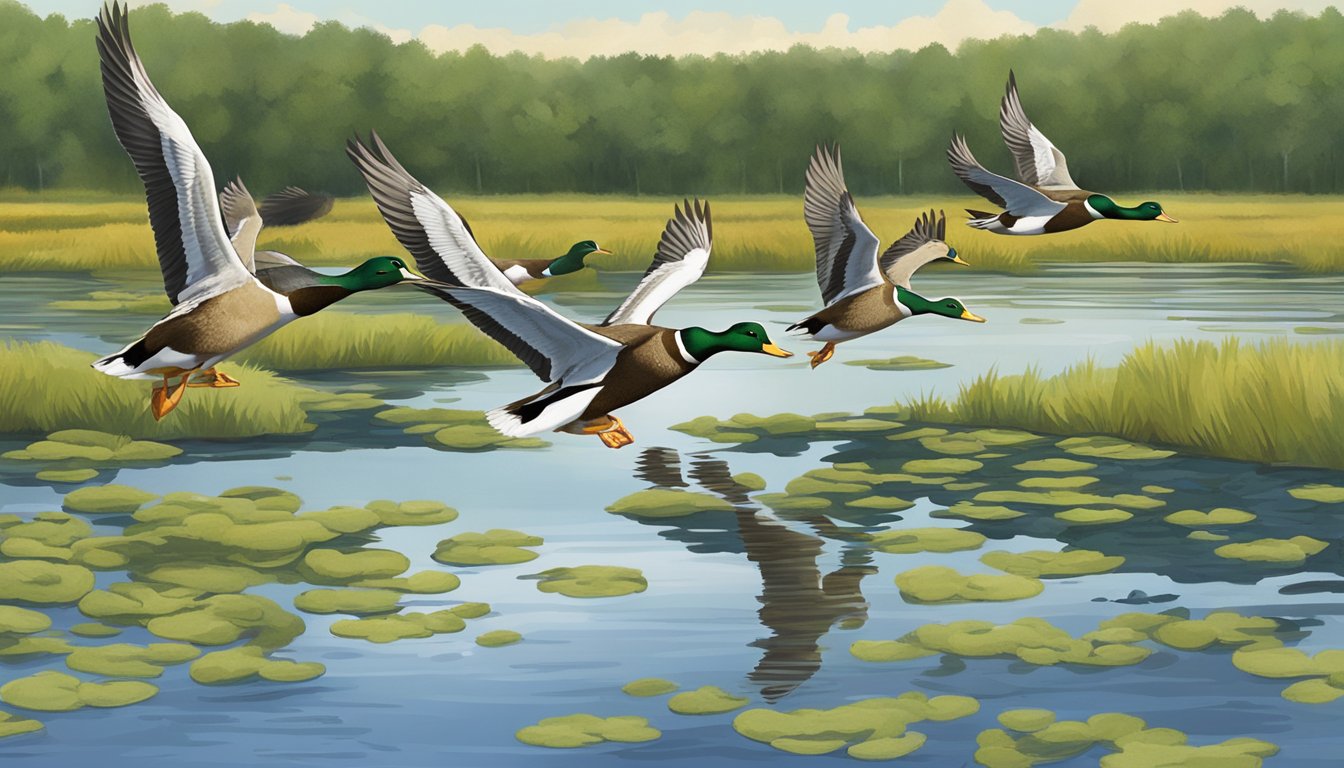 A group of ducks flying over a tranquil marsh in a Connecticut Wildlife Management Area, surrounded by dense state forests