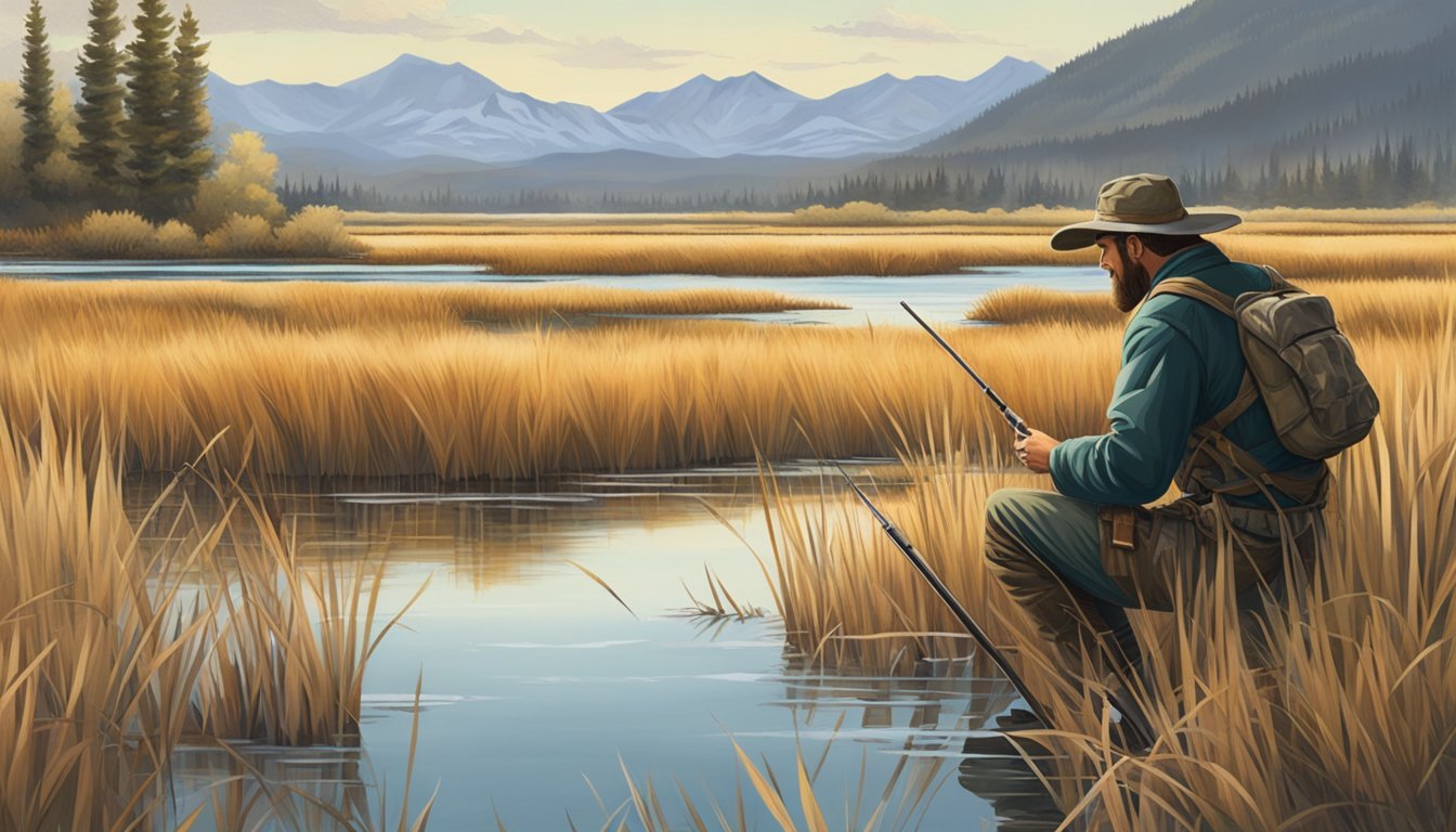 A hunter crouches in a marsh, surrounded by reeds and water, waiting for ducks to fly overhead. The Colorado mountains loom in the distance