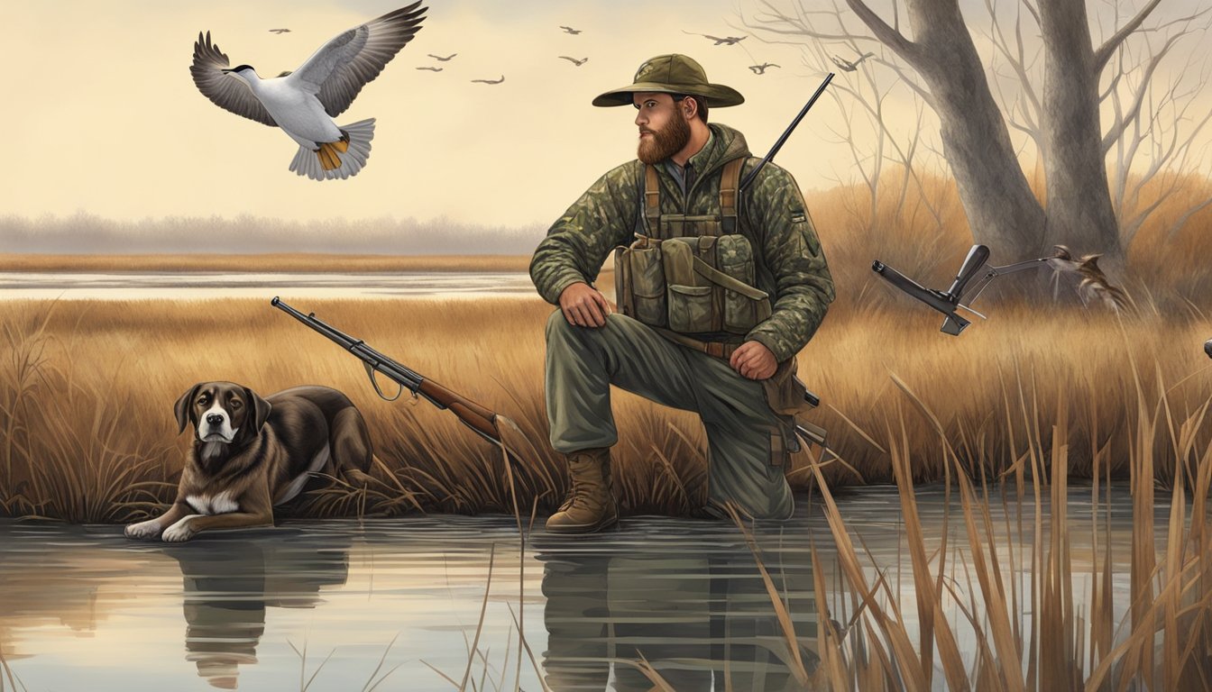 A hunter in camouflage waits by a marsh, shotgun at the ready. Ducks fly overhead, while a dog sits patiently at their side