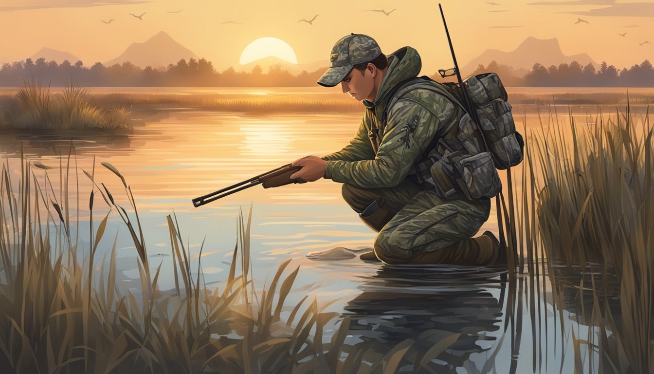 A hunter in camouflage gear sets up decoys in a marshy wetland at sunrise. Surrounding signs emphasize safety and ethical hunting practices