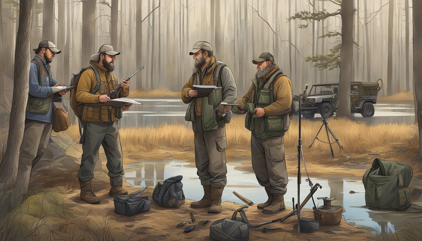 A group of hunters gather gear and review maps in a wooded area, preparing for duck hunting season in Georgia