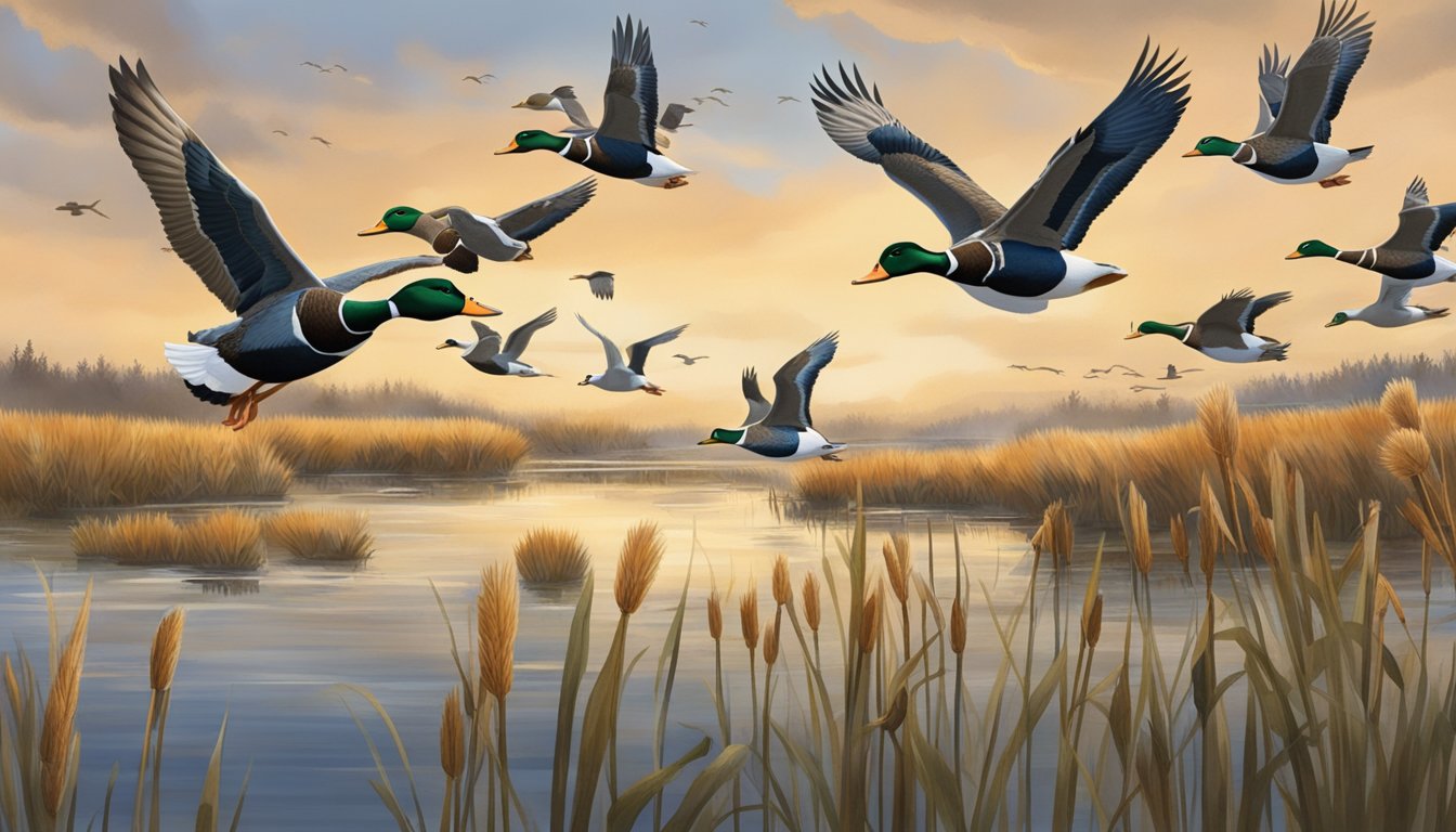 Ducks flying over a marsh in Colorado, with hunters and decoys scattered among the cattails