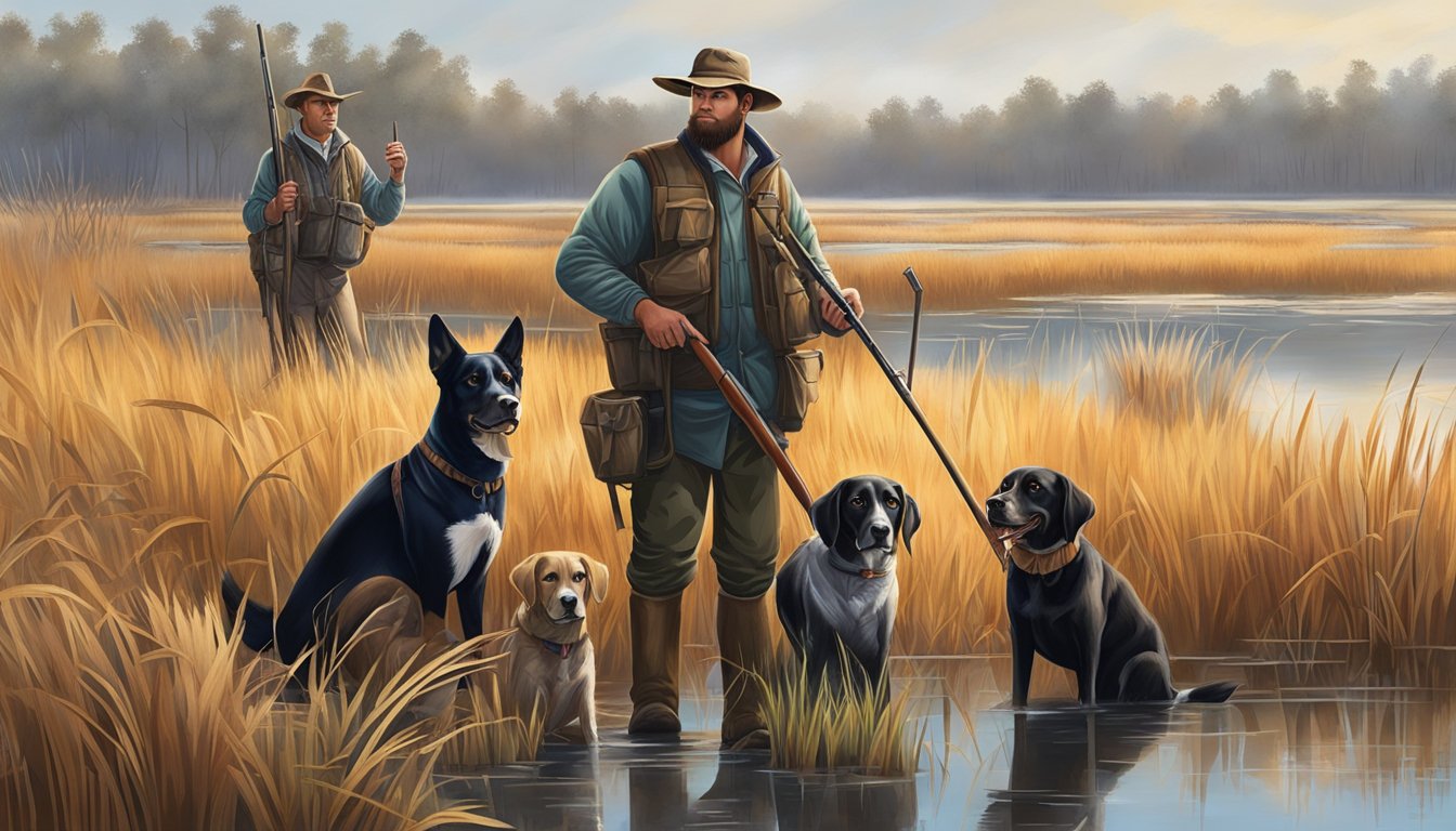 A group of hunters and their dogs gather at a serene Georgia marsh, surrounded by cattails and tall grasses, ready for a day of duck hunting