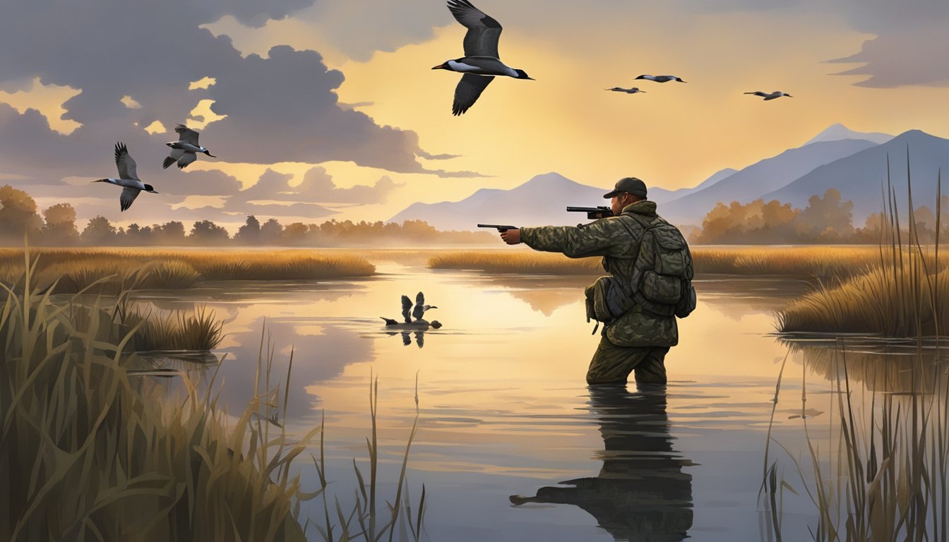 A hunter in camouflage aims at ducks flying over a Colorado marsh at dawn