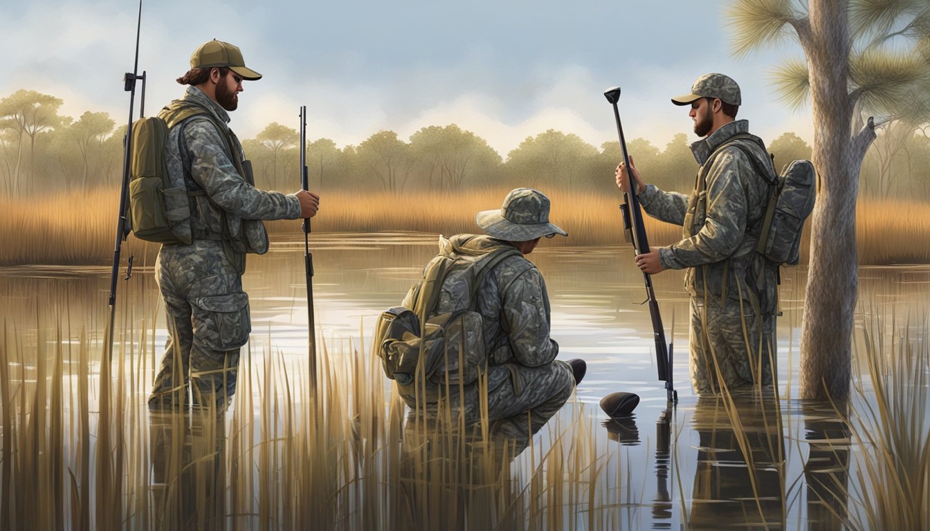 A group of hunters in camouflage gear setting up decoys in a marshy wetland area, surrounded by tall grasses and cypress trees in Florida