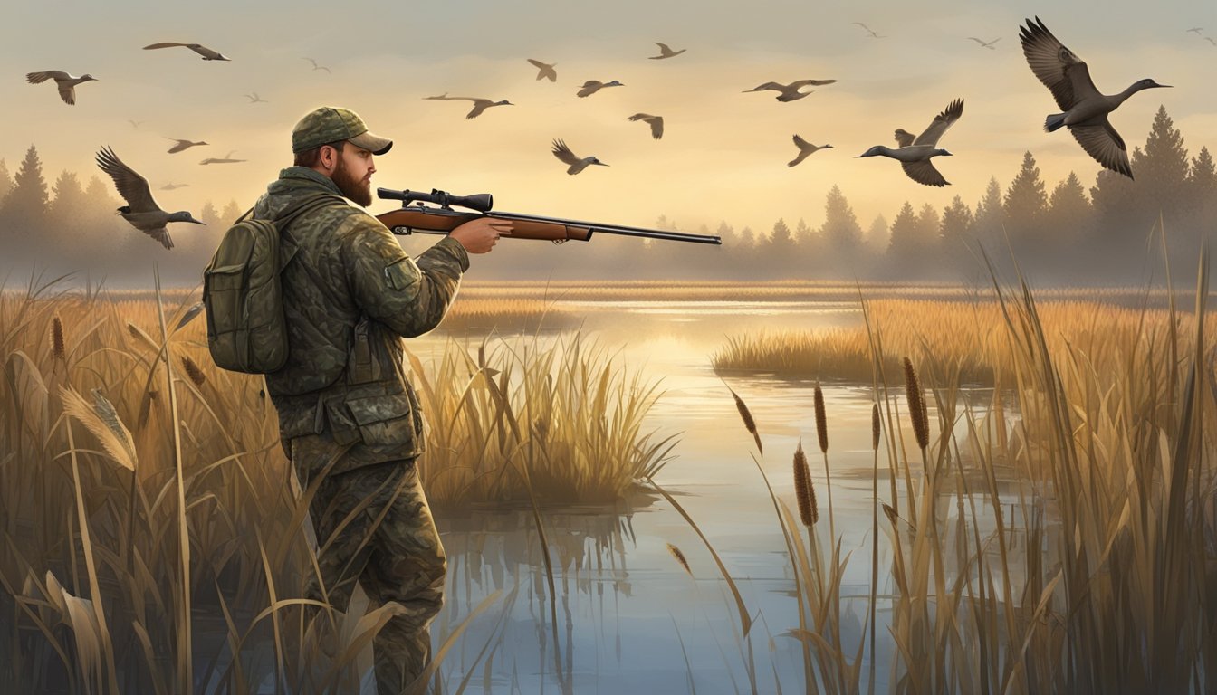 A hunter in camouflage with a shotgun, standing in a marshy wetland area surrounded by tall grass and cattails, with ducks flying overhead