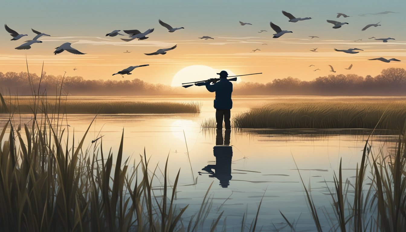 A serene marshland at dawn, with a hunter hidden in a blind, aiming at a flock of ducks flying overhead in the District of Columbia