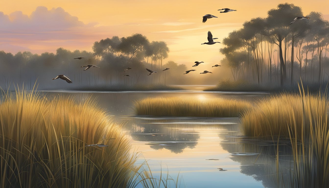 A serene Florida wetland at dawn, with tall grasses, still waters, and a flock of ducks taking flight