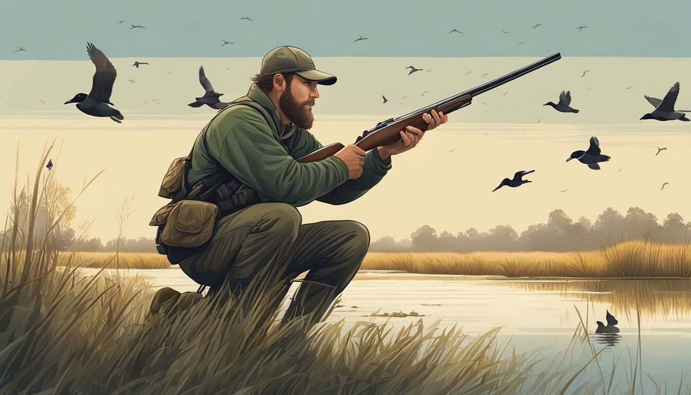 A hunter crouches in a marsh, camouflaged, with a shotgun aimed at a flock of ducks flying overhead