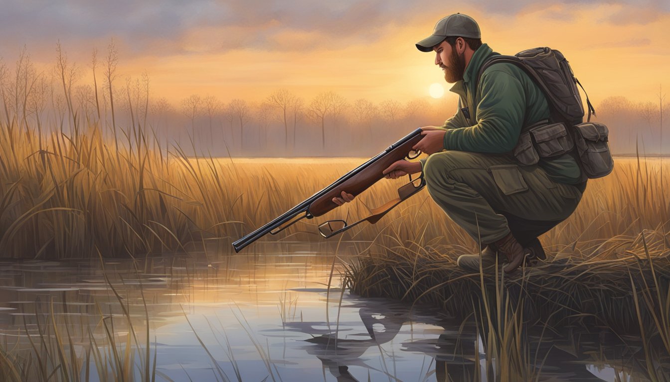 A hunter loading a shotgun in a marshy Illinois wetland at sunrise