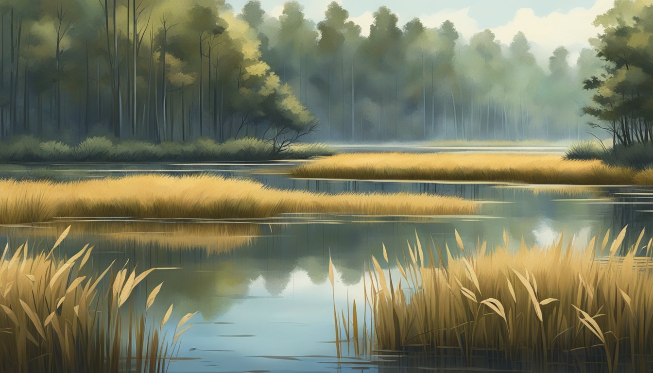 A serene marshland with tall grasses and shallow water, surrounded by dense forest and punctuated by scattered duck blinds