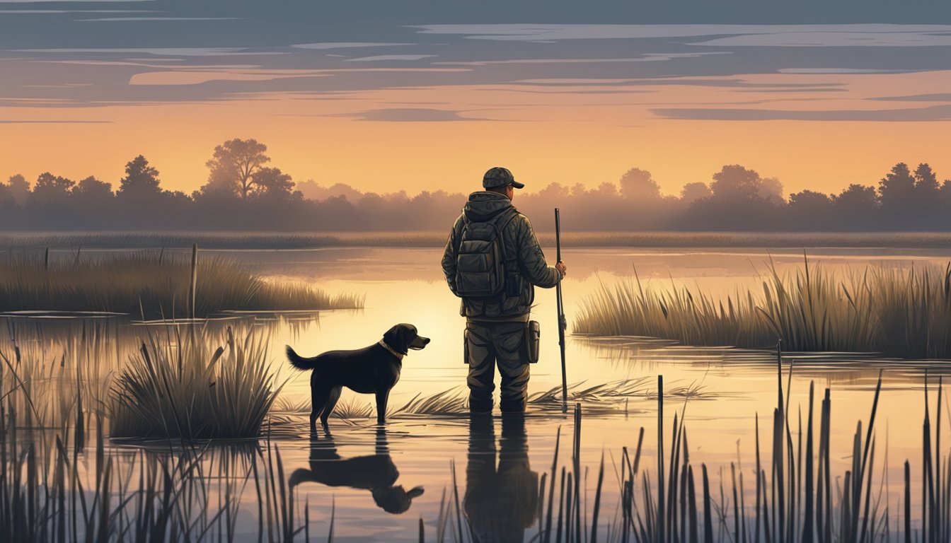 A hunter setting up decoys and camouflage blinds in a marshy wetland at dawn. A hunting dog eagerly awaits commands