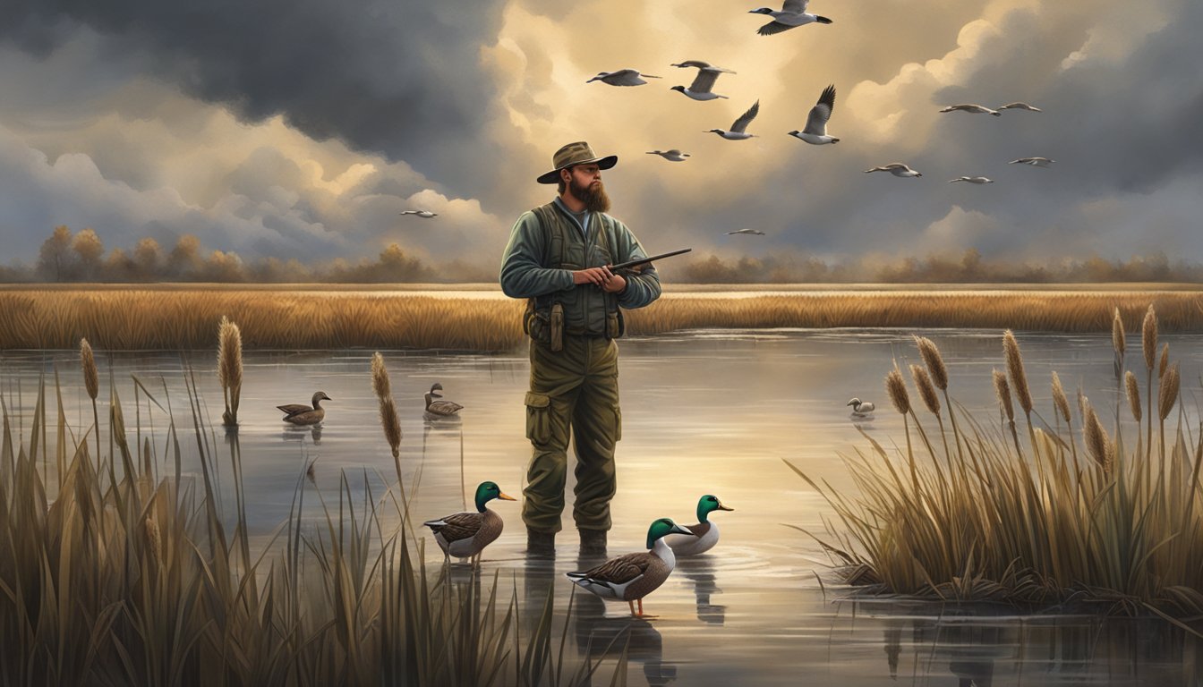 A duck hunter stands in a marshy wetland, surrounded by cattails and waterfowl, as storm clouds gather in the sky above