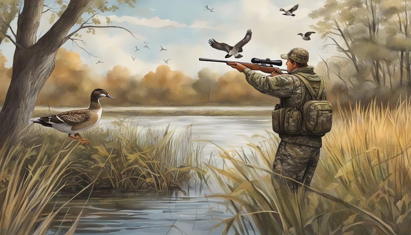 A hunter in camouflage aiming at a duck flying over a serene Illinois wetland