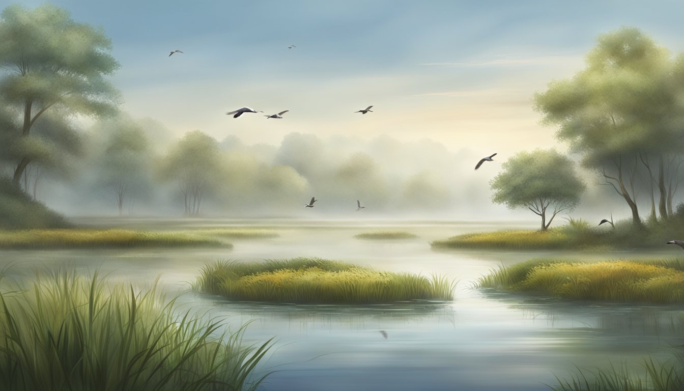 A serene wetland with a variety of waterfowl, surrounded by lush vegetation and a peaceful, misty morning atmosphere