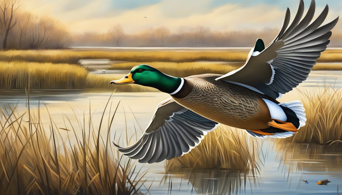 A mallard duck flying low over a marsh with a hunter concealed in a blind, ready to shoot