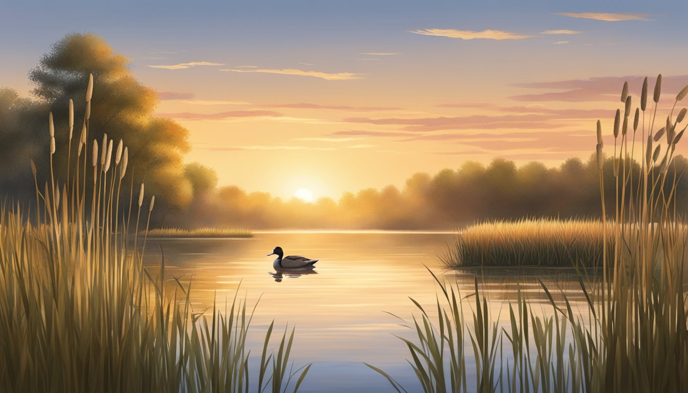 A serene lake at sunrise, surrounded by tall grass and cattails, with a duck blind nestled among the reeds