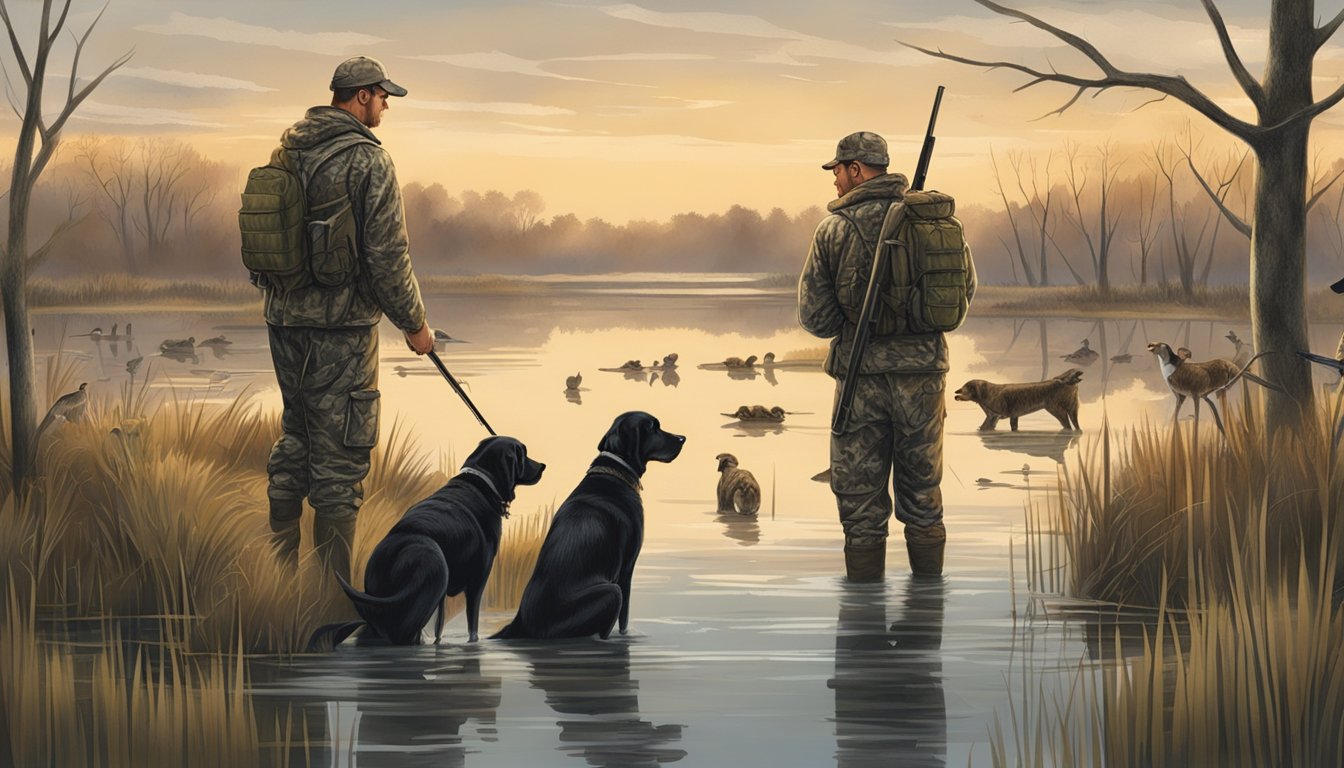 A serene marshland with hunters in camouflage, training dogs and setting up decoys for duck hunting in the District of Columbia