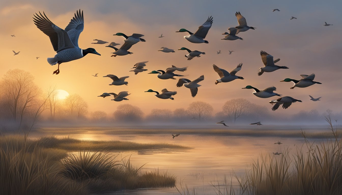 A hunter crouches in a marsh, shotgun raised, as a flock of ducks takes flight over the Illinois wetlands at dawn