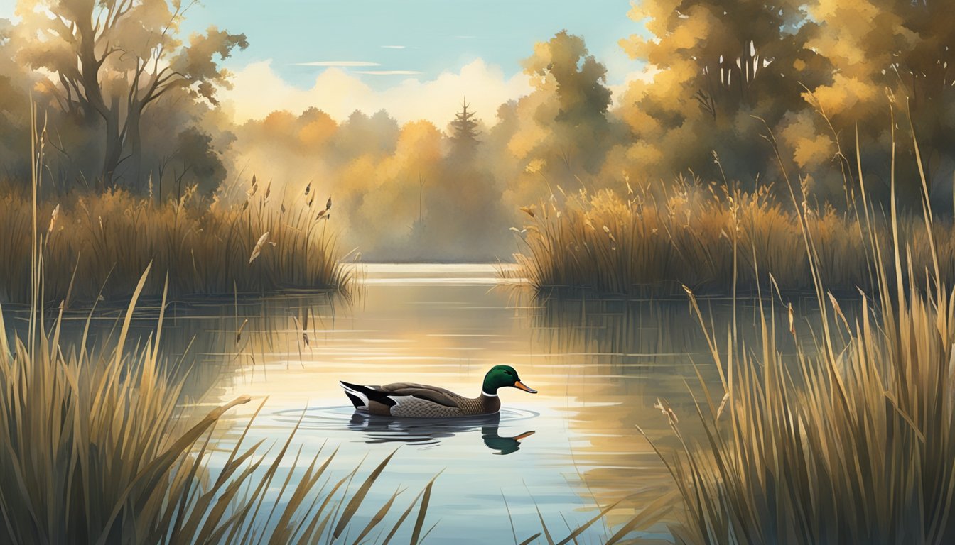 A serene lake surrounded by tall grasses and cattails, with a few duck decoys floating on the water, and a hunter hidden in a blind nearby