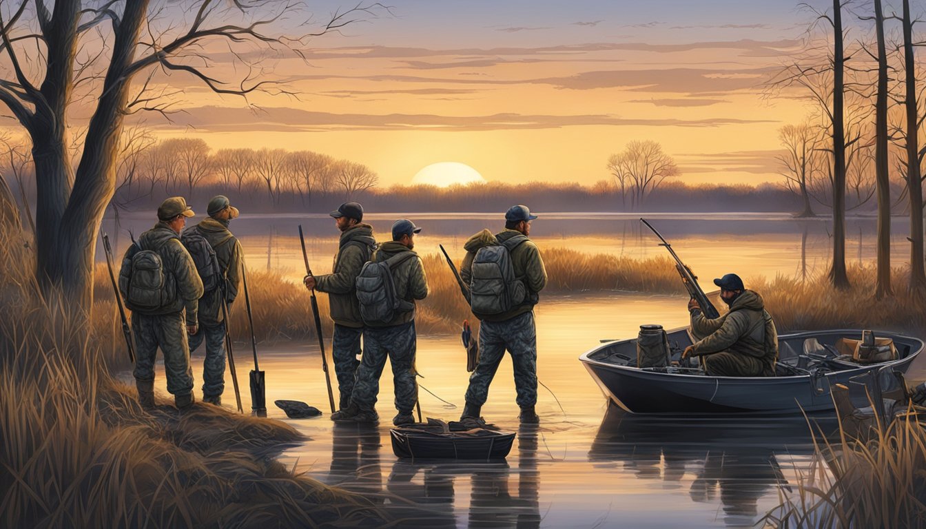 A group of hunters prepare their gear in the early morning light before heading out to the marshes in the duck hunting district of Columbia