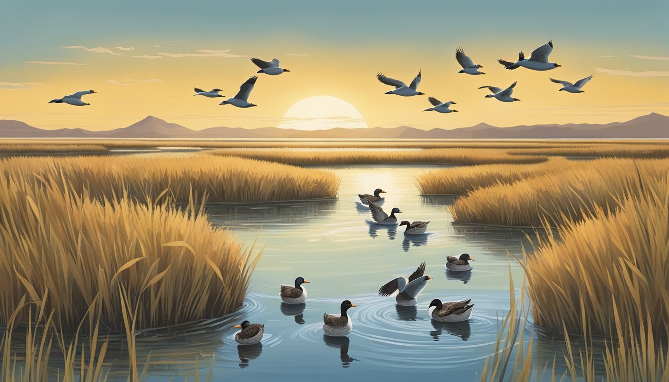 A flock of ducks flying in a V-shape over a marshy wetland in Idaho, with tall grasses and cattails lining the water's edge