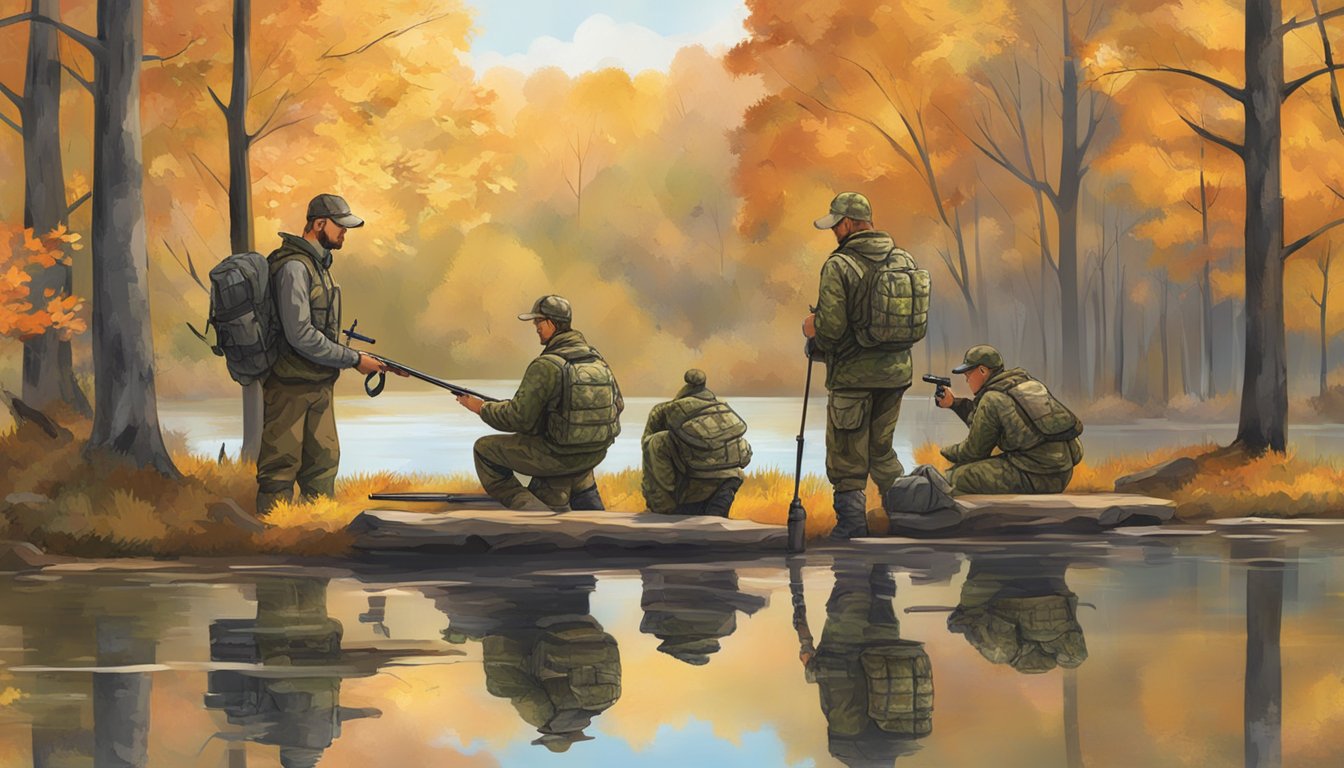 A group of hunters in camouflage gear setting up decoys near a tranquil lake surrounded by autumn foliage