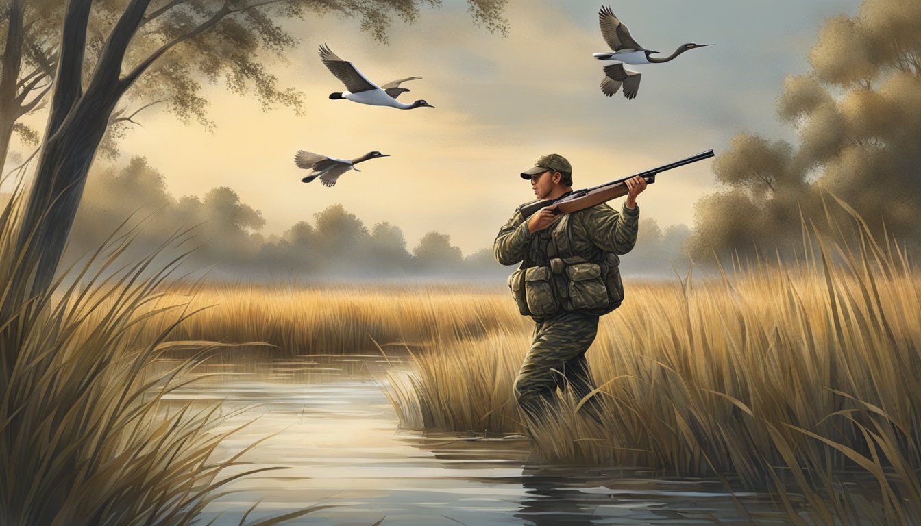 A hunter wearing camouflage wading through a marsh with a shotgun, surrounded by tall grass and waterfowl in flight