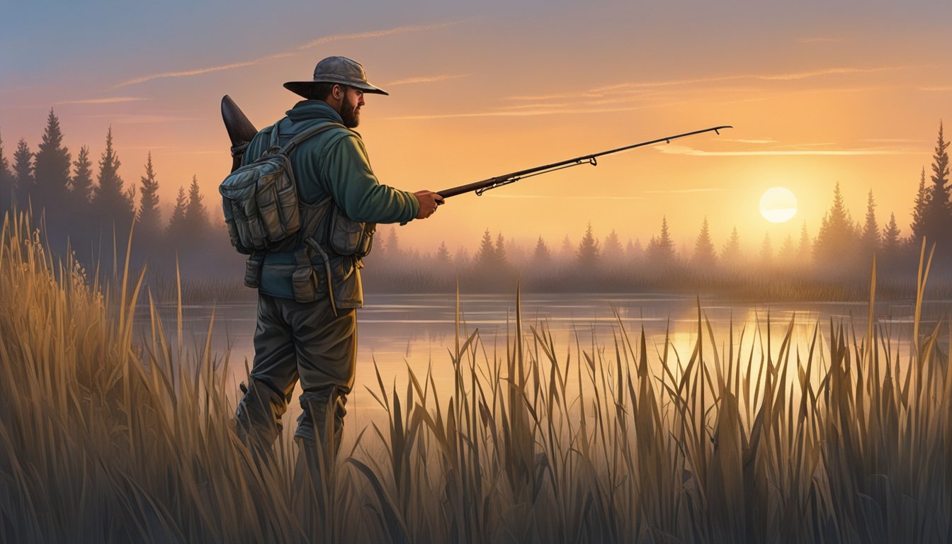 A hunter stands in a marshy area, surrounded by tall grasses and cattails. The sky is tinged with the first light of dawn as the hunter prepares their gear for a duck hunting expedition in Idaho