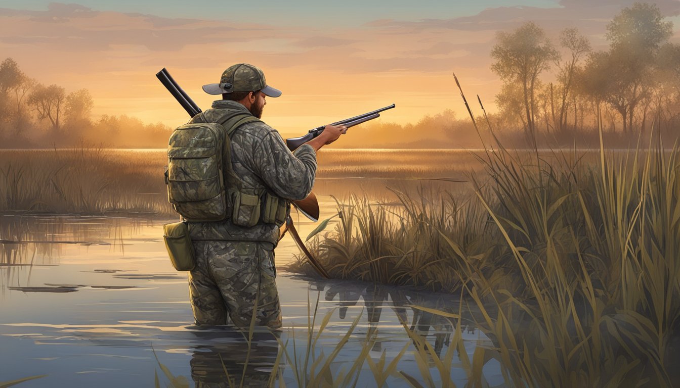 A hunter in camouflage gear loads a shotgun in a marshy Kansas wetland at dawn