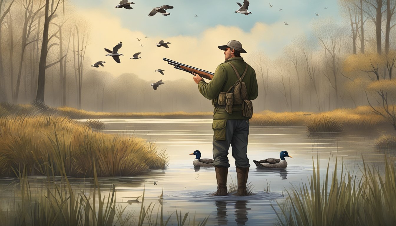 A hunter holding a shotgun and standing in a marshy area with ducks flying overhead