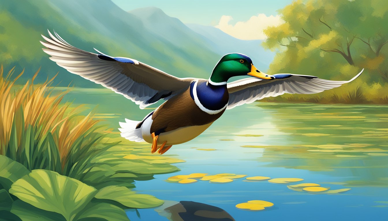 A mallard duck flying over a serene Hawaiian wetland in the autumn, with lush green vegetation and a clear blue sky