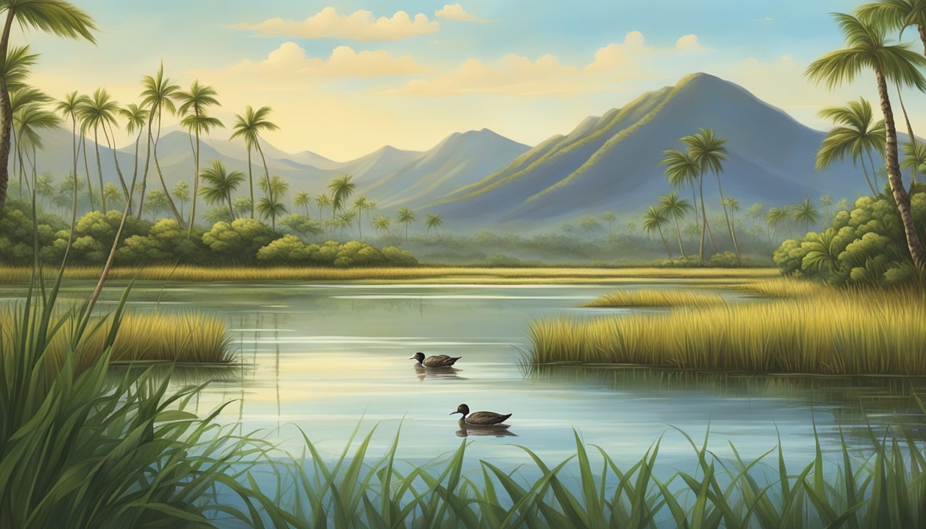 A serene marshland in Hawaii, with lush vegetation and calm waters, is the perfect setting for duck hunting