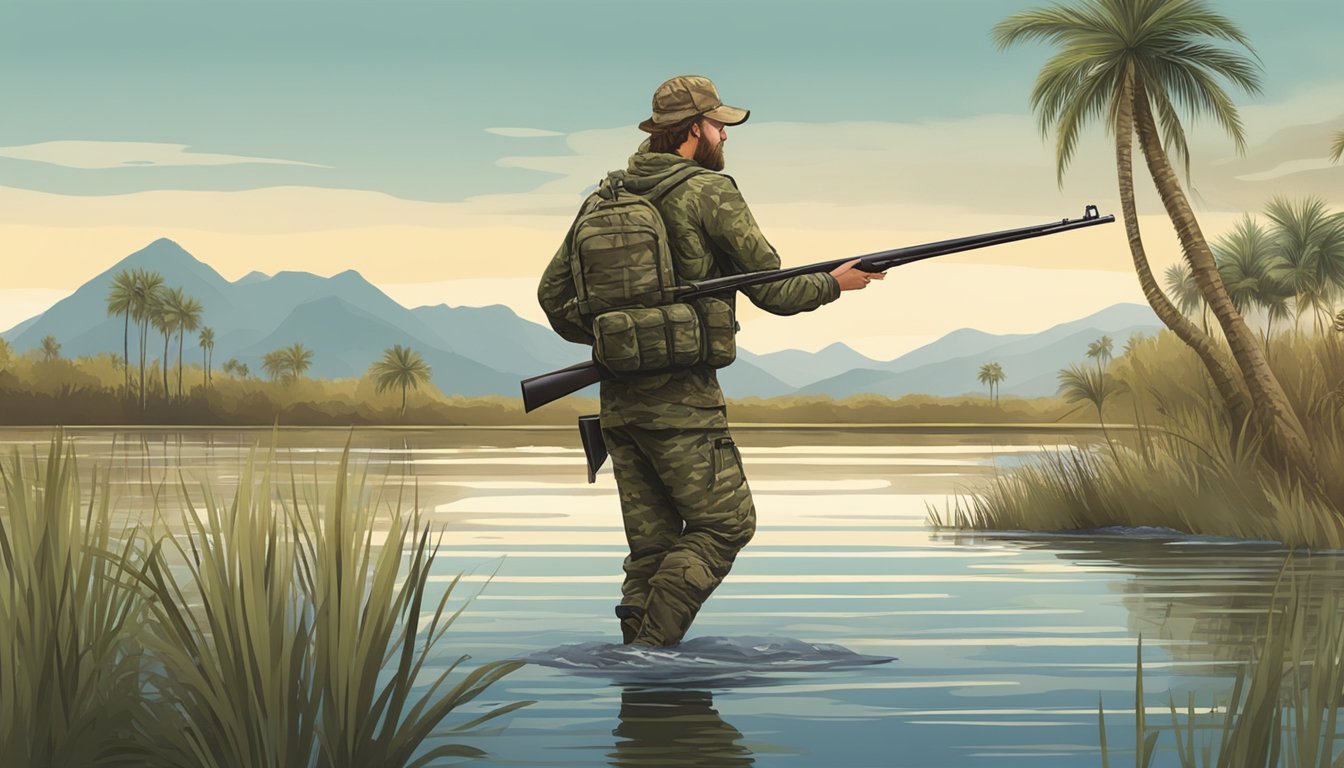 A hunter in camouflage wades through a marsh, carrying a shotgun and decoys, with palm trees and mountains in the background