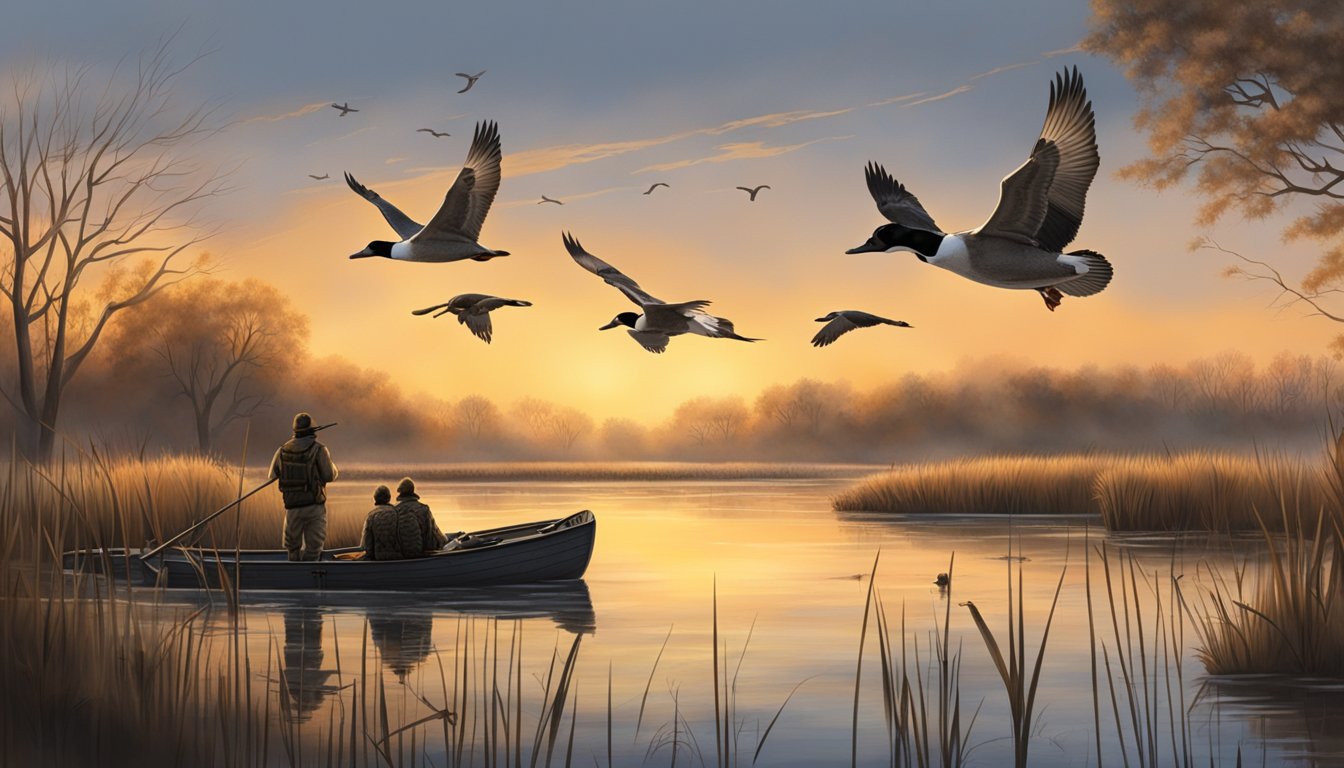 A tranquil Iowa wetland at dawn, with ducks flying low over the water, hunters concealed in blinds, and their faithful retrievers eagerly awaiting the day's first retrieve