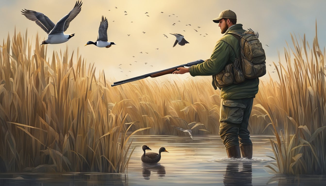 A hunter in camouflage wading through a marsh with a shotgun, surrounded by tall reeds and a flock of ducks in flight