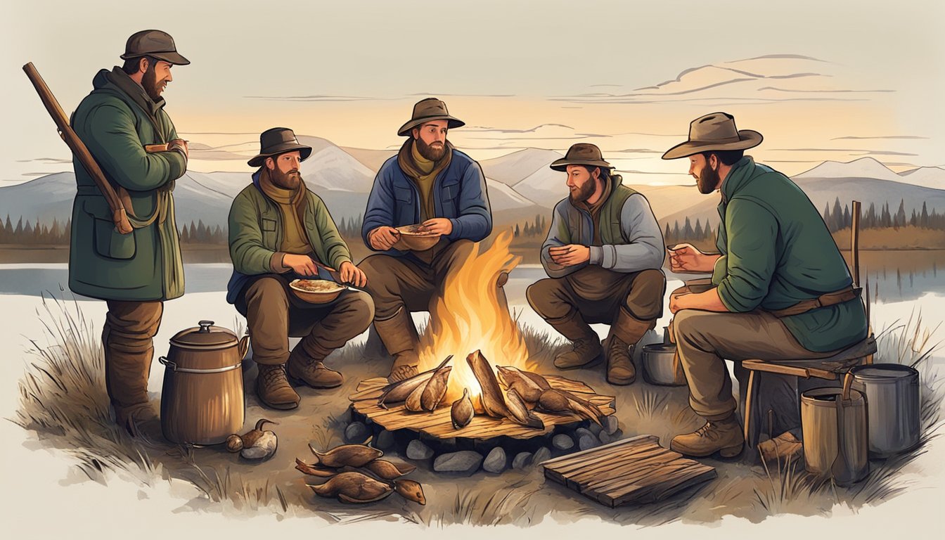 A group of hunters gather around a campfire, roasting freshly caught ducks. Nearby, a table is set with local cuisine for a post-hunt feast