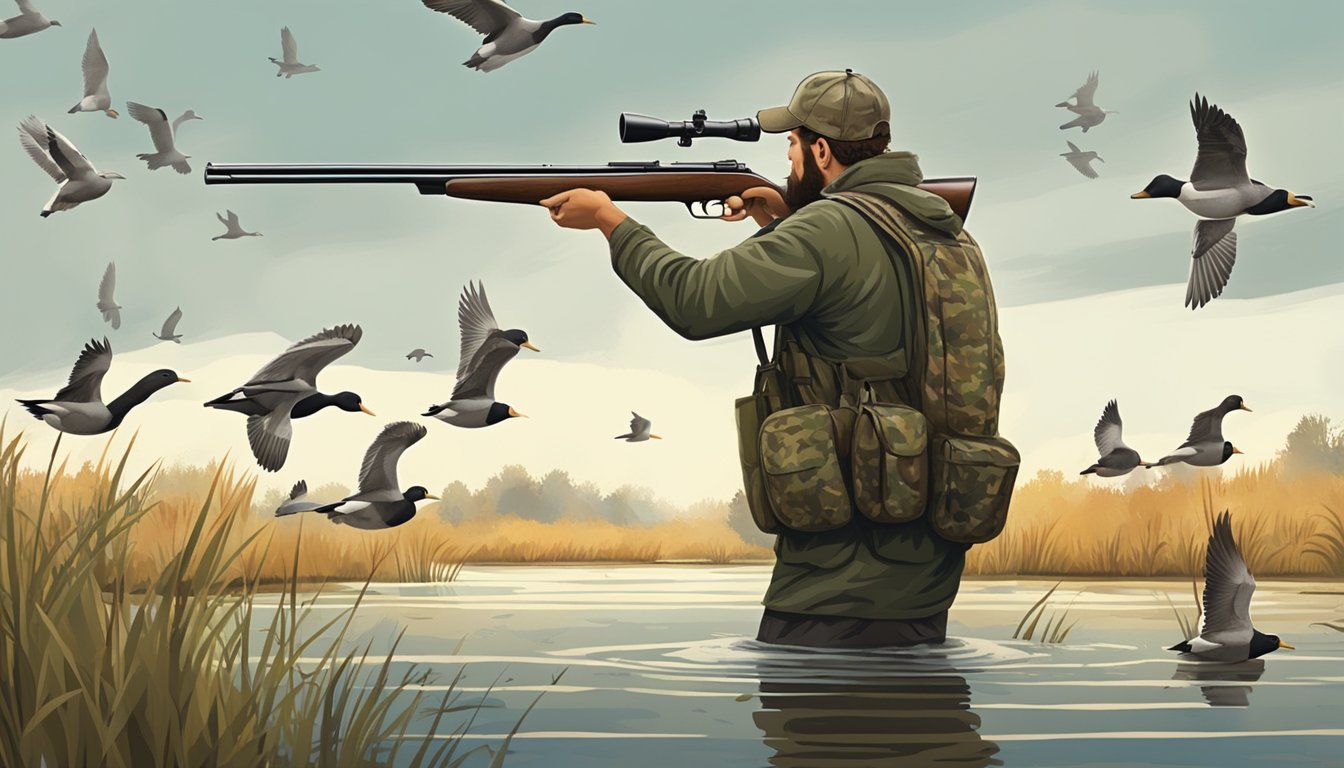 A hunter in camouflage wading through a serene marsh, aiming a shotgun at a flock of ducks flying overhead