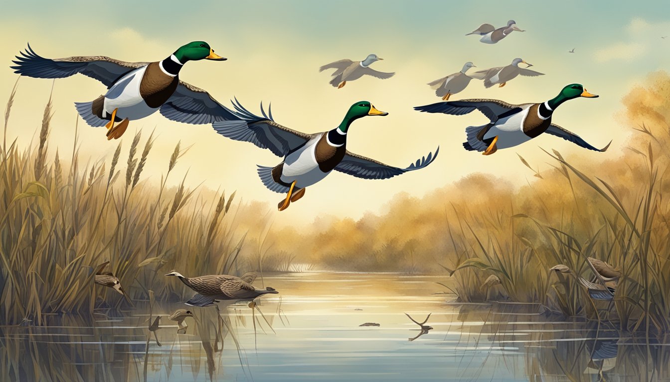 A group of ducks flying over a marshy wetland in Iowa during the hunting season