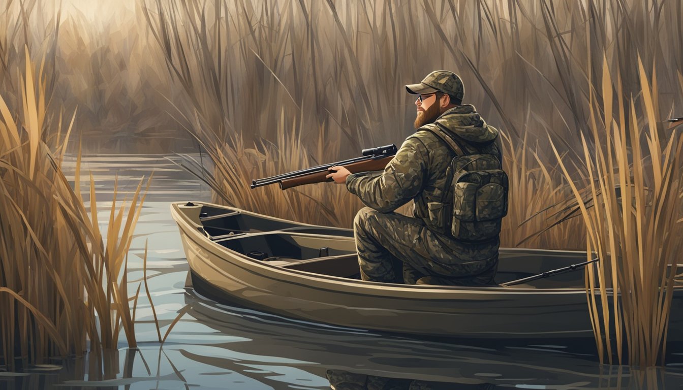 A hunter in camouflage waits in a duck blind, surrounded by decoys and reeds, aiming a shotgun at the water