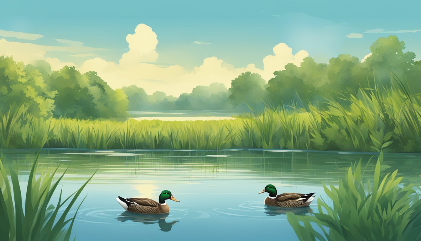 A serene Iowa wetland with a pair of ducks peacefully swimming, surrounded by lush vegetation and a clear blue sky