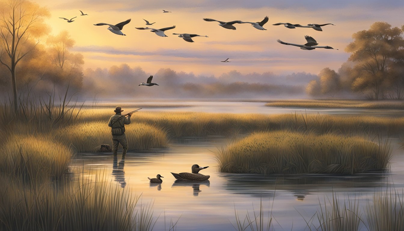 A serene Iowa wetland at dawn, with ducks in flight and hunters setting up decoys along the water's edge