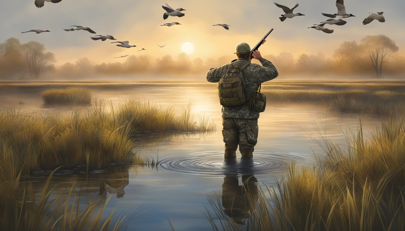 A hunter in camouflage wading through a marsh with a shotgun, ducks flying overhead in the early morning light