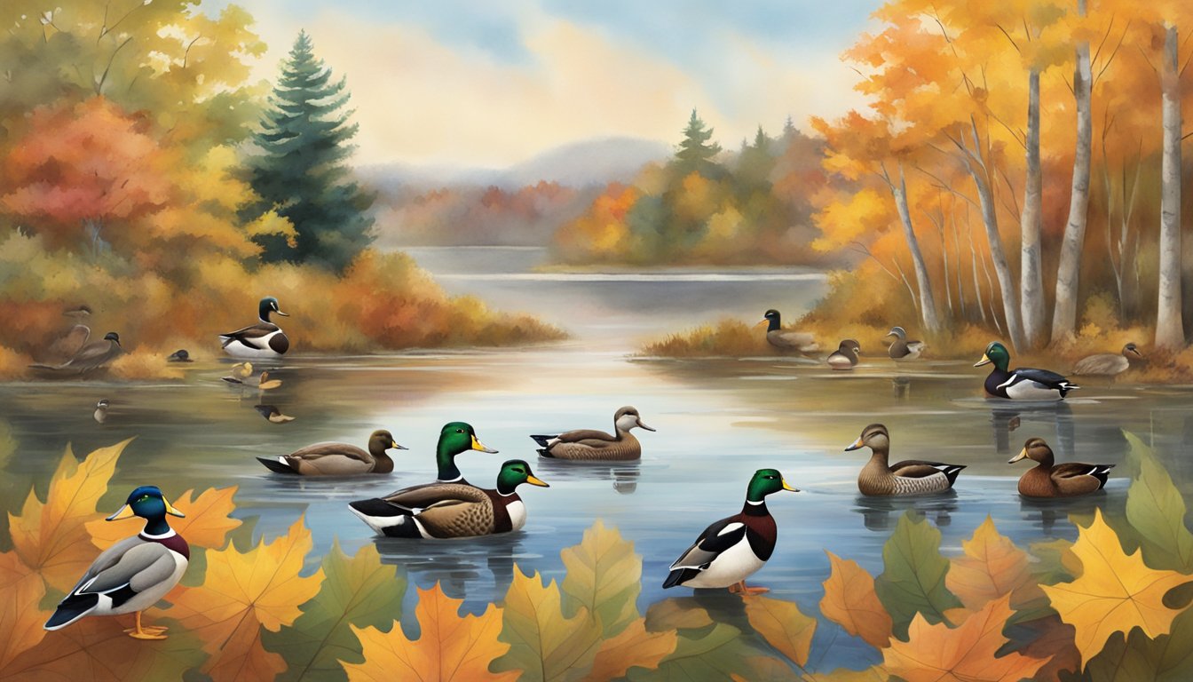 Various ducks, including mallards, wood ducks, and black ducks, gather on a serene Maine pond, surrounded by colorful autumn foliage