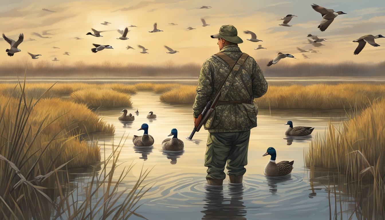 A hunter in camouflage aims a shotgun at a flock of ducks over a marshy wetland in Indiana